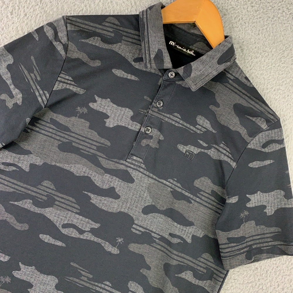 Travis Mathew Golf Polo Men's Small Black Gray Camo Palm Tree Scenic Vista Shirt